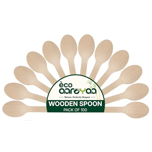 Image of Eco Aaroyaa Wooden Spoons - Disposable Eco-Friendly Wooden Spoon - Natural Wood, Smooth Splinter-Free Finish, Strong & Lightweight Disposable Spoon (165 mm, Pack of 100)
