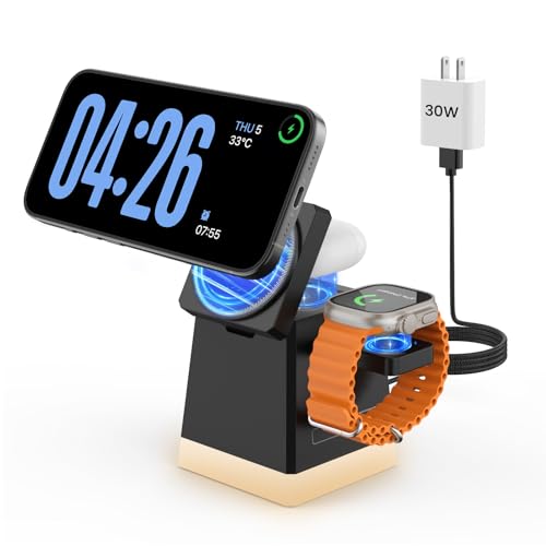 JoyGeek 3-in-1 Charger Stand: Foldable Wireless Charging Station with Night Light-Charger Dock for iPhone 15/14/13/12 Pro/Max/Plus, AirPods, Apple Watch 2-9