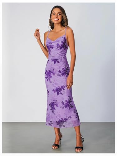 Image of SOLY HUX Women's Floral Mesh Bodycon Cami Dress Cowl Neck Sleeveless Cocktail Party Wedding Guest Long Maxi Dresses
