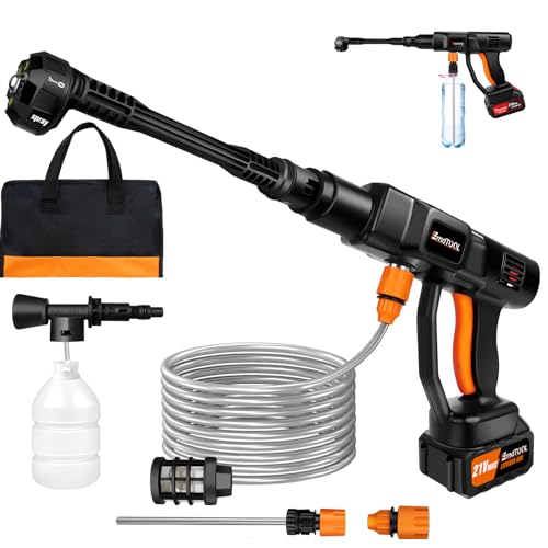 Hidrolimpiadora sin Cable 21V con batería Li-Ion 3.0Ah Bolsa Manguera 5M Hidrolimpiadora portátil 45Bar Alta presión para Limpiar el Coche Regar el jardín