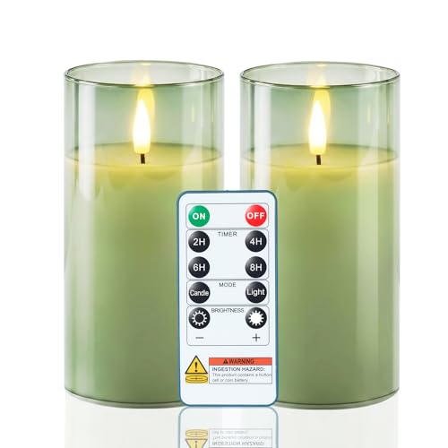 Image of Homemory Sage Green Glass Flameless Candles Battery Operated LED Pillar Candles with Remote and Timer, Real Wax Flickering Candles Home Decor, Wedding, Easter, Farmhouse, Table Centerpieces, Set of 2