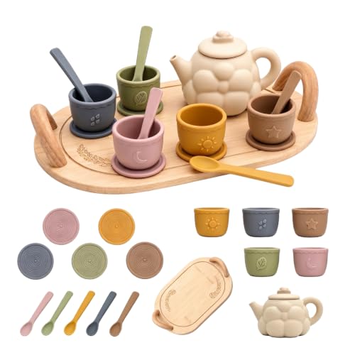 Fairy Toona Silicone Tea Party Set for Little Girls Pretend Play Kitchen Toys with Wooden Tray Teapot Cups Coasters Spoons Sensory Toy for Girls Boys Age 3 4 5 (17 Pcs)