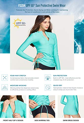 TSLA Women's Half-Zip Front Rash Guard, UPF 50+ Side Adjustable Long Sleeve Swim Shirts3