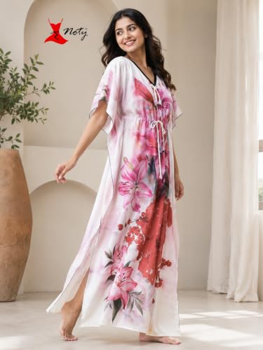 Image of Noty Women's Kaftan Nighty | Digital Print | Sarena Fabric | V Shaped Neck Nightwear | Nightdress for Girl