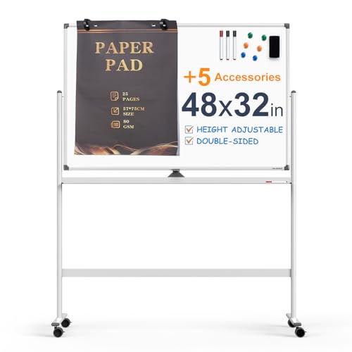 Image of Large Dry-Erase Rolling Magnetic Whiteboard - 48 x 32 Inches Dry Erase Board with Stand Height Adjust Double Sides Mobile White Board Easel on Wheels with 25 Sheets Paper Pad Office, Home & Classroom