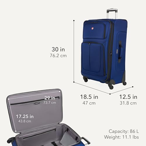 Image of SWISSGEAR Sion Softside Expandable Spinner Luggage Durable Lightweight Travel Suitcase, Blue, Checked-Large