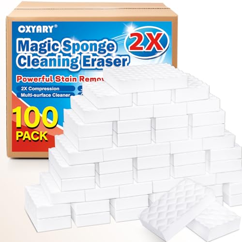 Magic Sponges Cleaning Eraser 100Pack 2X Density Stronger Melamine Sponge Foam Pads Multi-Functional Household Cleaner Dish Sponge Cleaning Supplies for Kitchen Bathroom Floor Sink Wall Cleaner