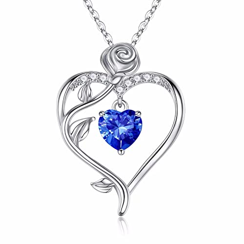 September Birthstone Necklace for Women, Blue Sapphire Necklace Rose Love Heart Birthstone Jewelry Mothers Valentines Day Christmas Anniversary Birthday Gifts for Mom Wife Girlfriend Daughter Her