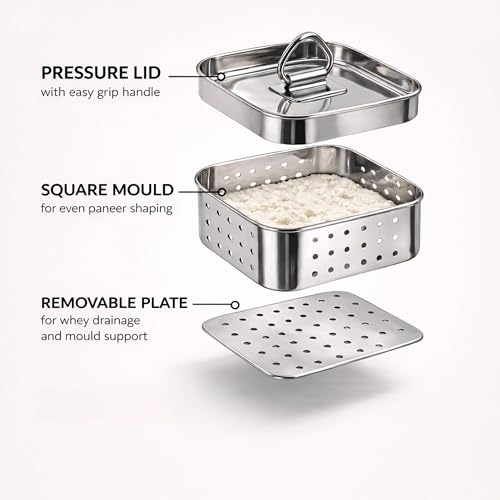 Image of Paneer Maker for Home Use | Stainless Steel Paneer Maker Steel with Drain System | Paneer Maker Mould Press, Paneer Press & Tofu Press | Durable Reusable Paneer Strainer Kitchen Tool (350 ml)