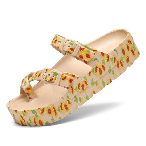 Image of TIKVAW Womens Arch Support Platform Sandals Comfort Slides Thick Soles Flat Sandals With Adjustable Buckle & Ultra Cushion