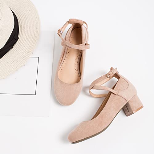 MIOKE Women's Square Toe Buckle Pump Loafer Slip-On Suede Chunky Block Mid Heel Casual Office Dress Shoes4