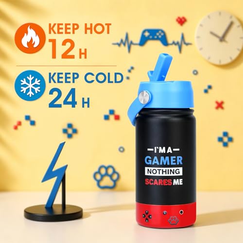 Image of Kids Insulated Water Bottle with Straw Lid, 14oz Double Wall Vacuum Stainless Steel Tumbler, Leak Proof Reusable Metal School Cup for Boys Girls, Keep Cold 24H Hot 12H (Blue-Red-I M A)