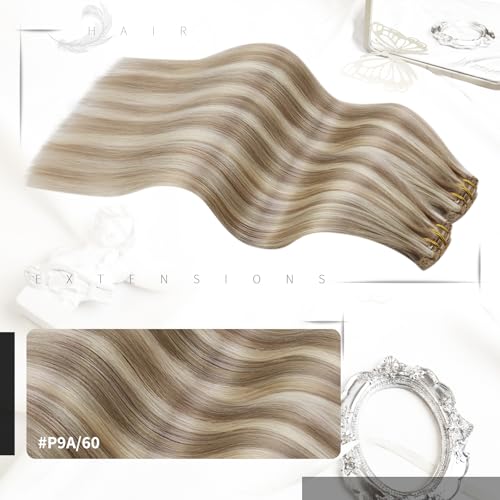 Moresoo Clip in Human Hair Extensions Light Brown with Platinum Blonde Clip in Hair Extensions Balayage Remy Human Hair 18 Inch 7 Pieces/120g #9A/60 - Image 2
