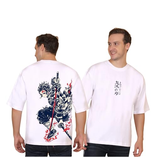 Image of Demon Slayer Tanjiro Oversized Off White Tshirt for Men and Women Anime Graphic Print Drop Shoulder Unisex Pure Cotton Baggy Loose Fit T-Shirts