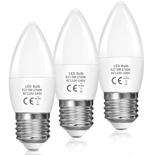 LED Candle Light Bulb E27 5W, Edison Screw E27 C37 LED Candle Bulb 40W Equivalent, 470LM Warm White 2700K, ES Energy Saving Light Bulbs, Non-Dimmable, Pack of 3