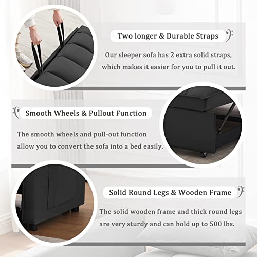 Velvet Pull Out Sleeper Sofa Bed, Convertible Futon Sofa Bed With Reclining Back, Modern Pullout Couch With 2 Pillows And Pockets, Upholstered Small Loveseat For Living Room, Guest Room, Dorm (Black) #TOP3