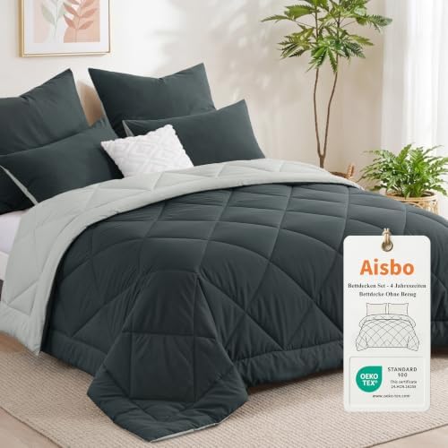 Aisbo Bettdecke ohne Bezug 220x240 Grau, 1 Bettdecke mit 2 Kissenbezügen | Bettdecke 240x240 mit Integriertem Bezug, Waschbar 4 Jahreszeiten Bettdecke, OEKO-TEX, Warm & Gemütlich,