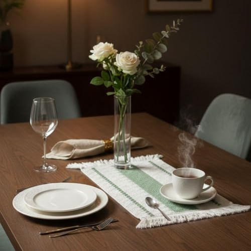 Image of HomeCloud Croshia Woven Table placemat - Heat Resistant, Washable Table Decoration for Dining, Office, Kitchen, Hotel, and Home (Rec White Green, Set of 1)