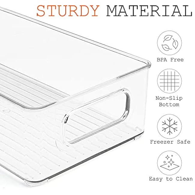 LotFancy Refrigerator Organizer Bins, 4 Pack,10x6x3 in, BPA Free Clear Plastic Storage Bins for Pantry Organization, Stackable Containers with Handles for Fridge, Kitchen Drawer, Freezer, Cabinet