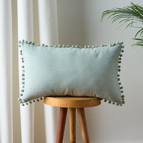 Image of 100% Cotton Pom Pom Cushion Without Filler, Elegant & Modern Cushion Cover for Living Room, Rectangle, 12 inchx20 inch, uni Chambray, Set of 4 - Celadon Green