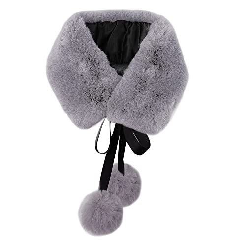 Women Winter Warm Soft Faux Fur Scarf Self Tie Ribbon Pom Pom Collar Warp Neck Warmer