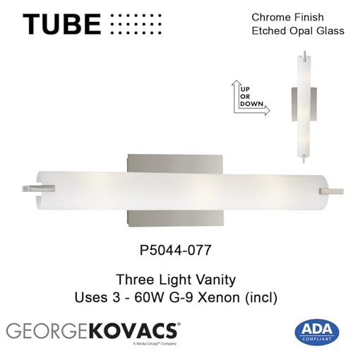 Image of GEORGE KOVACS P5044-077 Tube Vanity Bath Light, 3-Light, 180 Total Watts, 4.75-in H x 20.5-in W, Chrome