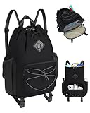 WANDF Drawstring Backpack with Removable Wet Pocket, Sandproof Beach Backpack with Bottom Compression Strap for Beach Mat, Swim Bag for Pool, Gym, Travel and Workout Gear (Black)