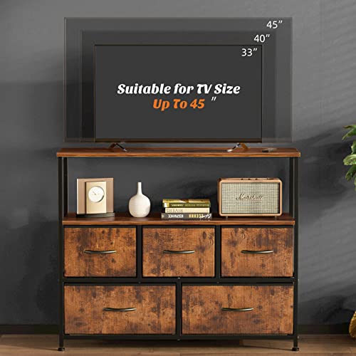 Dresser Tv Stand, Entertainment Center With 5 Fabric Drawers, Media Console Table For Tv With Open Storage Shelf Dresser For Bedroom/Living Room/Hallway #TOP1