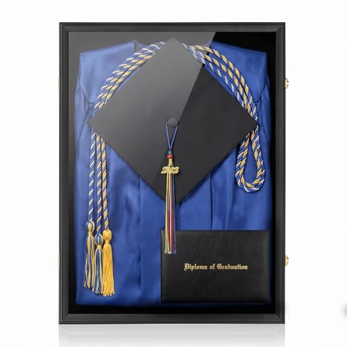 Hactyn 17x23 Black Graduation Shadow Box Frame Wall Mounted Lockable Cap and Gown Frame with UV-Protective Acrylic Door Holds Cap Gown Diploma Tassel Medals & All Graduation Memorabilia