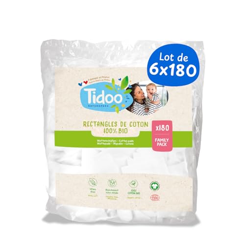 Tidoo - 1080 Coton Pads Bébé 100% Bio - Ultra Doux pour Peaux Sensibles - Change & Toilette - Fabriqués en France