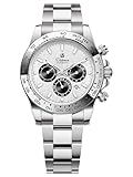 Automatic Watches for Men Mechanical Automatic Winding Movement Sports Chronograph Bezel Featuring Week 24-Hour and Month Sub-Dials Date 3ATM WaterResistant Wristwatches (Silver - Meteorite White)