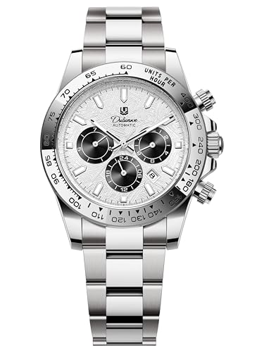 Automatic Watches for Men Mechanical Automatic Winding Movement Sports Chronograph Bezel Featuring Week 24-Hour and Month Sub-Dials Date 3ATM WaterResistant Wristwatches (Silver - Meteorite White)