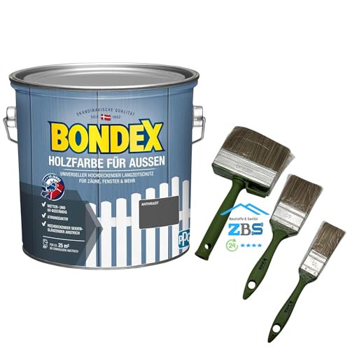 zbs24 Bondex Holzfarbe für Außen, hochdeckender Wetterschutzanstrich, Wetter- & UV-beständig, atmungsaktiv inkl. 3-teiligem Pinselset (anthrazit, 2,5 Liters)