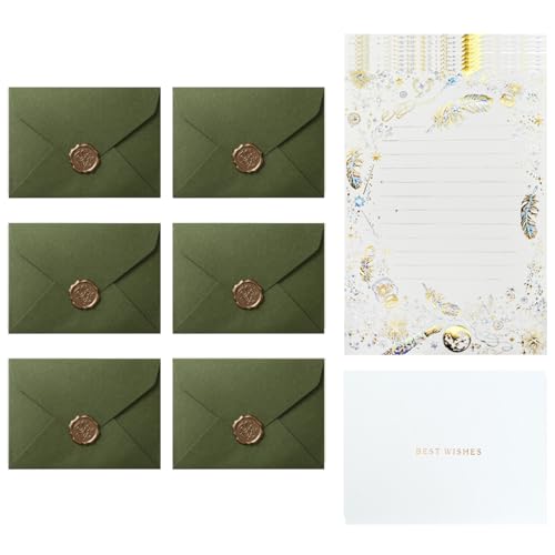 6枚レターセット 手紙 おしゃれ花嫁 セット 便箋 おしゃれ手紙 封筒プロポーズ 羽根金便箋,メッセージカード適用します母の日、クリスマス、誕生日の宴会、花嫁式の招待状、卒業の招待状、子供の百日の宴 (6枚オリーブグリーン)
