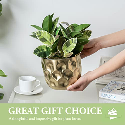Mygift 7 Inch Deluxe Modern Hammered Brass Tone Metal Flower Planter Pot With Decorative Riser, Plant Pot With Display Stand Décor - Handcrafted In India #TOP3