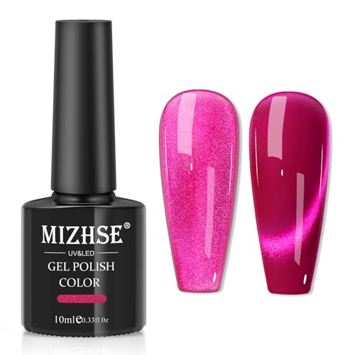 MIZHSE Cat Eye Gel Nail Polish, Hot Pink Glass Magnetic Gel Polish with Magnet Stick, Trendy Salon Shimmer Nail French Soak Off Manicure Home