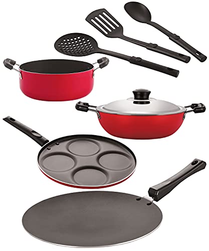 Image of Nirlon Nonstick Coated Aluminium 7 Pcs Set of Concave Tawa-28.5cm,Deep Kadhai-24cm,Casserole-22cm,Uttapam-4 Cavity & 3 Spoon (2.6mm CT12 DKD(B) Cass22 UP4 3SPN)