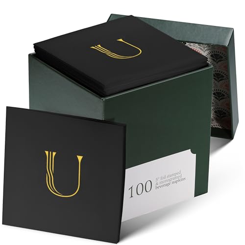 100 Pack Disposable Monogrammed Cocktail Napkins Black, 5"x5" Linen-Feel Gold Foil Letter U Paper Napkins, Initial White Beverage Napkins For Wedding, Party, Bar Or Holiday