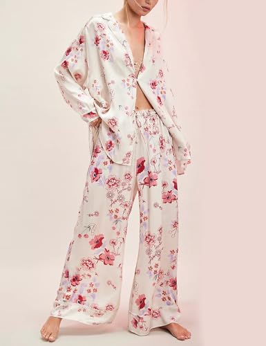 Image of Yimoon Satin Pajama Set for Women Silk Pajamas Set 2 Piece Floral Cute Pj Set Long Sleeve Pjs Sleepwear
