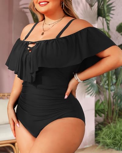 Daci Women Plus Size One Piece Swimsuits Tummy Control Ruffle Off Shoulder Bathing Suits4