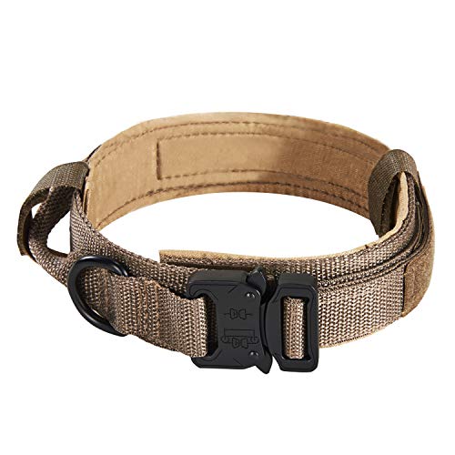 PETTOM Tactical Dog Adjustable Collar Military Training Molle Nylon Dog Collar Leash with Handle Steel Buckle 1.5'' (L, Brown)