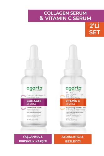 Serum, Agarta Collagen & Vitamin C Serum, Aydınlatıcı Sıkılaştırıcı Bakım Seti, 2'li Set, 30 ml