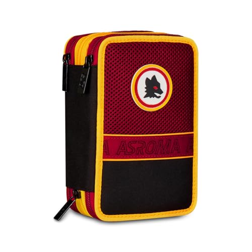 Seven AS Roma Astuccio Scuola 3 Zip Calcio, Rosso, Portapenne Triplo Scomparto Completo Di Penne, Matite, Colori, Scuola Elementare, Bambino