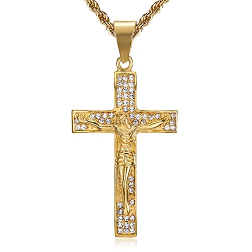 Gold Cross Necklace For Men Women,Lee Island Fashion 24K Gold Plated Simulated Diamond CZ Fully Crucifix Cross Catholic Jesus Christ Pendant Stainless Steel Necklace,20,24 Inch Chain Jewelry