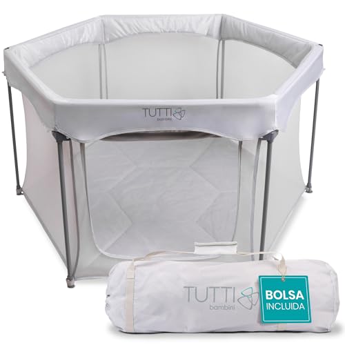 Tutti Bambini Parque Infantil Bebe   Corralito Bebe Plegable con Paredes de Malla, Puerta con Cremallera, Colchoneta de Suelo y Bolsa de Transporte   135 x 135 x 75 cm   (Plata)