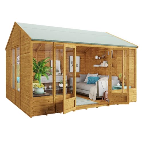 Image of BillyOh Petra 12x10 Reverse Apex Summer House Shed, Log Cabin | Wooden Garden Room with Wide Double Doors, Tear Resistant Felt, Tongue and Groove Construction | Versatile Tiny Home or Garden Office