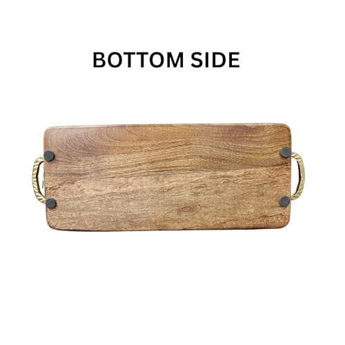 Image of Handcrafted Wooden Serving Tray with Gold Handles | Rustic Cheese Platter Board | Decorative Kitchen & Coffee Table Server | Wooden Snack Tray for Home & Gifting (Rassi Handle Tray)