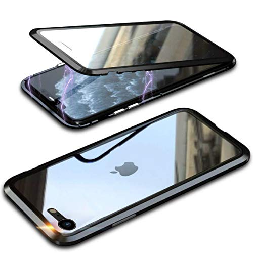 MOSSTAR Case voor iPhone SE 2020/iPhone 7/iPhone 8 4.7'', Magnetische adsorptie Hoesje Thin 360 Graden Stofdicht, Transparant Schokbestendige Metalen Frame, met Ingebouwde Screen Protector -Zwart