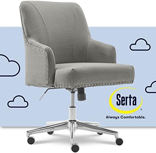 Serta Leighton Home Office Chair with Memory Foam, Height-Adjustable Desk Accent Chair with Chrome-Finished Stainless-Steel Base, Twill Fabric, Medium Gray