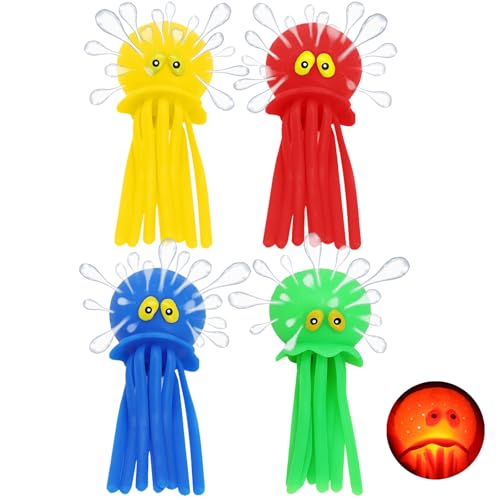YOUYIKE Pulpo - Juguetes de baño con luz LED y pulverizador de Agua, Juego de 4 Animales de Buceo, Juguetes acuáticos para niños a Partir de 3 años, Ideal para Piscina, Playa y bañera